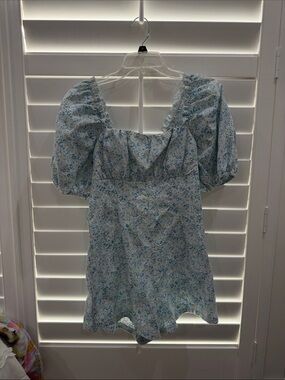Blue Floral Puff-Sleeve Romper
